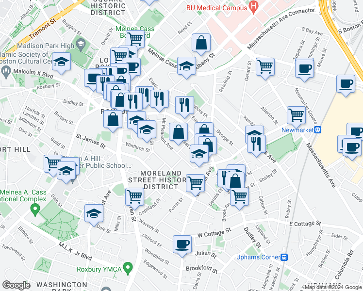 map of restaurants, bars, coffee shops, grocery stores, and more near 40 Forest Street in Boston