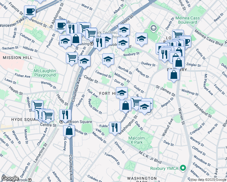 map of restaurants, bars, coffee shops, grocery stores, and more near 91 Cedar Street in Boston