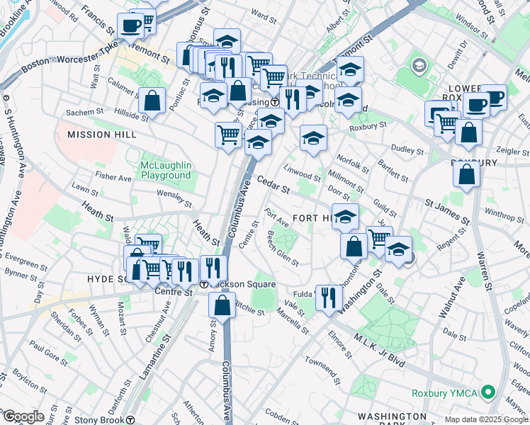 map of restaurants, bars, coffee shops, grocery stores, and more near 8 Highland Park Avenue in Boston