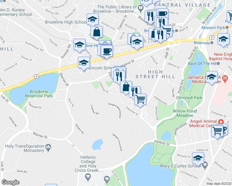 map of restaurants, bars, coffee shops, grocery stores, and more near 25 Prince Street in Brookline