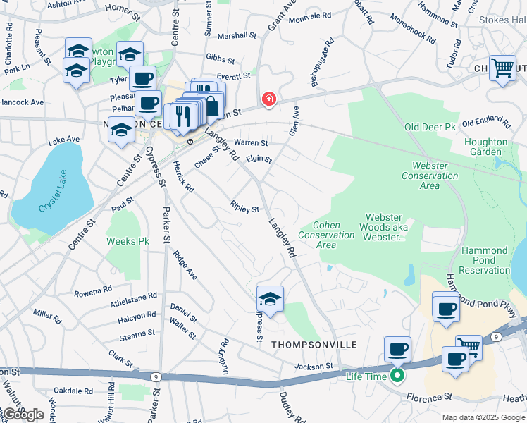 map of restaurants, bars, coffee shops, grocery stores, and more near 177 Langley Road in Newton