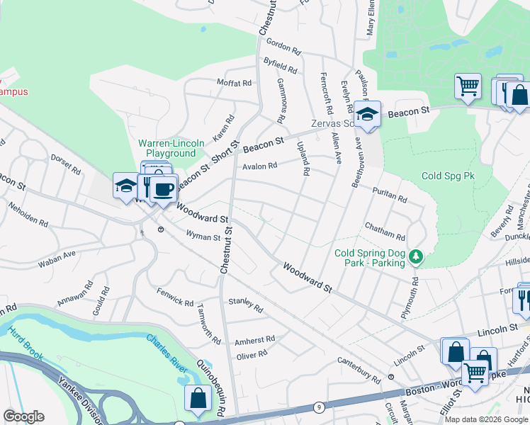 map of restaurants, bars, coffee shops, grocery stores, and more near 36 Plainfield Street in Newton