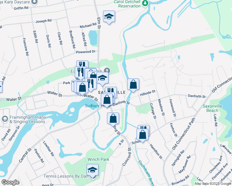 map of restaurants, bars, coffee shops, grocery stores, and more near 7 Chestnut Place in Framingham