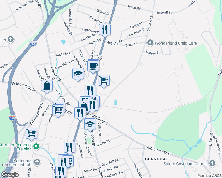 map of restaurants, bars, coffee shops, grocery stores, and more near 7 Burncoat Heights in Worcester