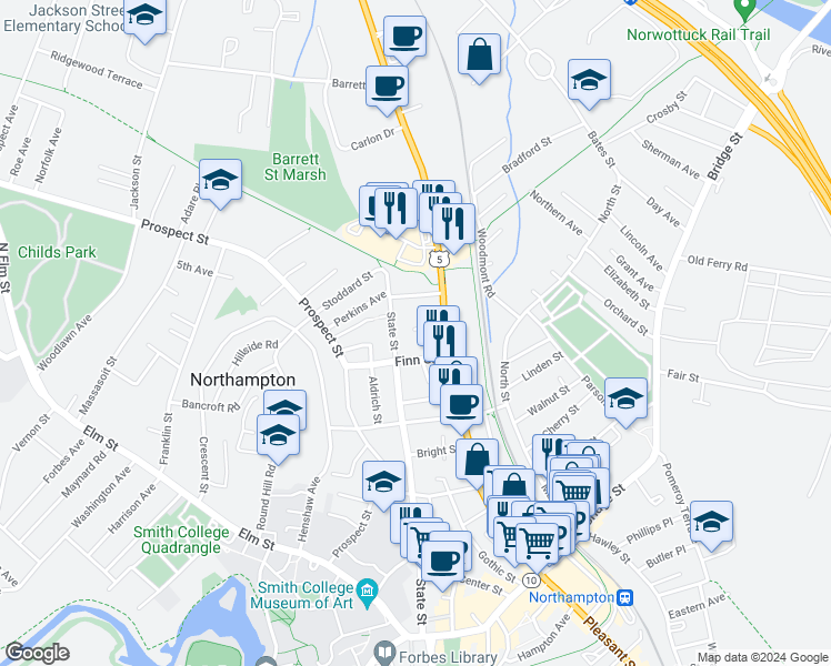 map of restaurants, bars, coffee shops, grocery stores, and more near 21 Hooker Avenue in Northampton