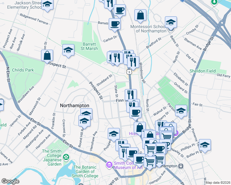 map of restaurants, bars, coffee shops, grocery stores, and more near 250 State Street in Northampton