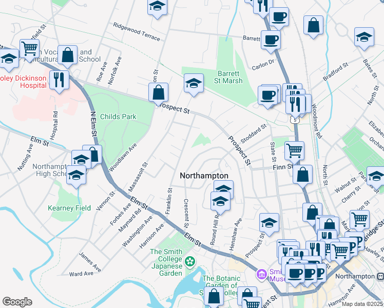 map of restaurants, bars, coffee shops, grocery stores, and more near 121 Franklin Street in Northampton