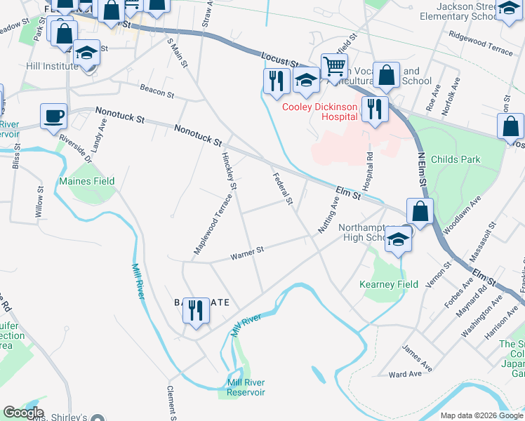 map of restaurants, bars, coffee shops, grocery stores, and more near 13 Winslow Avenue in Northampton