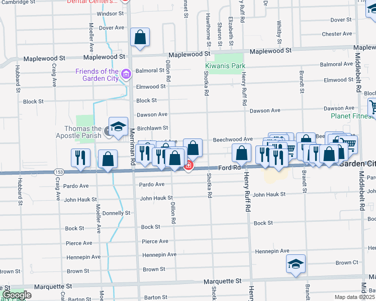 map of restaurants, bars, coffee shops, grocery stores, and more near 30833 Beechwood Avenue in Garden City