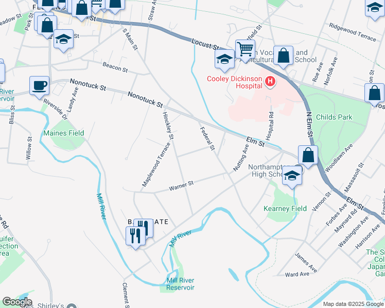 map of restaurants, bars, coffee shops, grocery stores, and more near 13 Winslow Avenue in Northampton