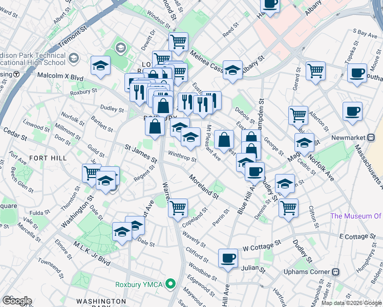 map of restaurants, bars, coffee shops, grocery stores, and more near 35 Greenville Street in Boston