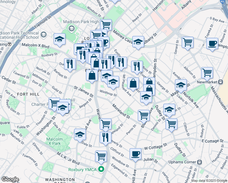 map of restaurants, bars, coffee shops, grocery stores, and more near 35 Greenville Street in Boston
