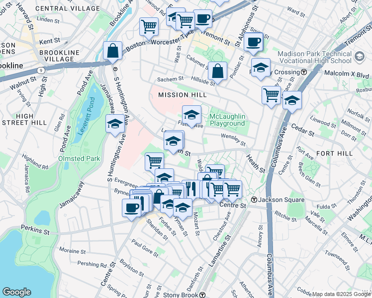 map of restaurants, bars, coffee shops, grocery stores, and more near 197 Heath Street in Boston