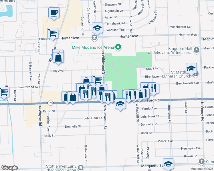 map of restaurants, bars, coffee shops, grocery stores, and more near 5750 North Wildwood Street in Westland