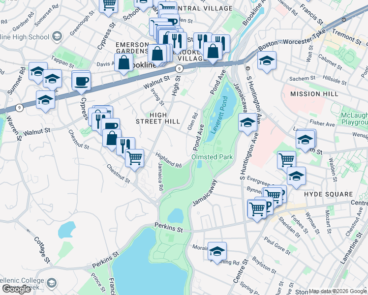 map of restaurants, bars, coffee shops, grocery stores, and more near 26 Edgehill Road in Brookline