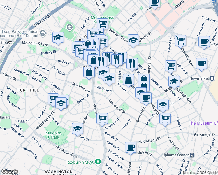 map of restaurants, bars, coffee shops, grocery stores, and more near 35 Greenville Street in Boston