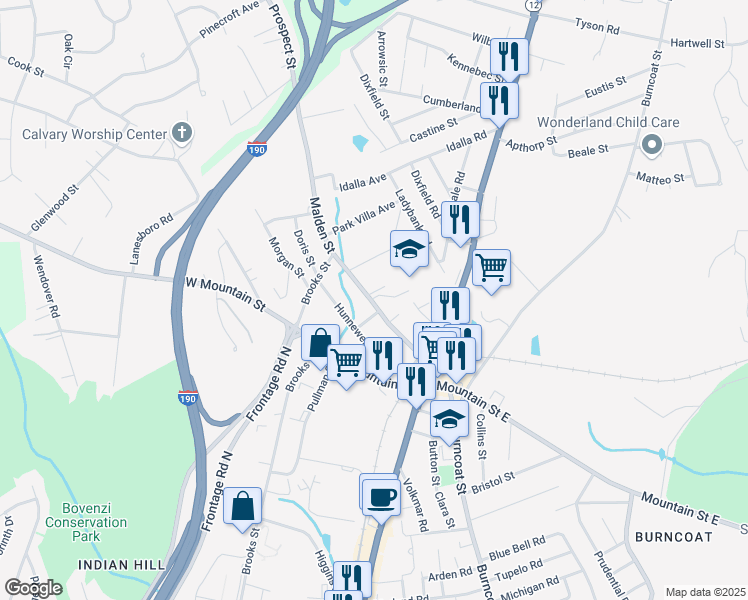 map of restaurants, bars, coffee shops, grocery stores, and more near 44 Malden Street in Worcester
