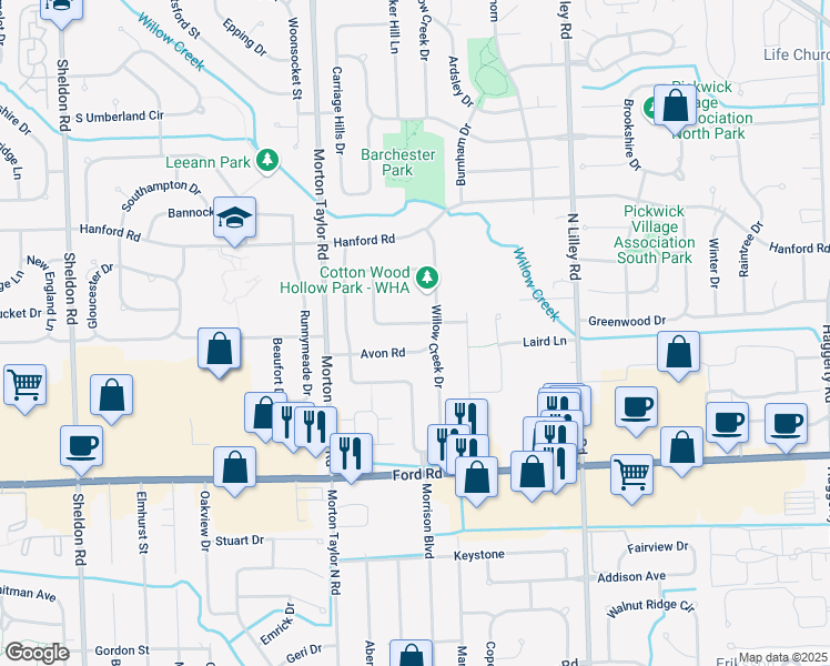 map of restaurants, bars, coffee shops, grocery stores, and more near 6109 Willow Creek Drive in Canton