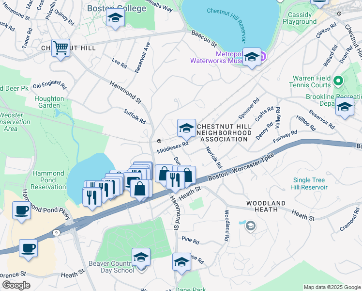 map of restaurants, bars, coffee shops, grocery stores, and more near 69 Middlesex Road in Newton