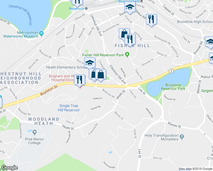 map of restaurants, bars, coffee shops, grocery stores, and more near Boylston Street & White Avenue in Brookline