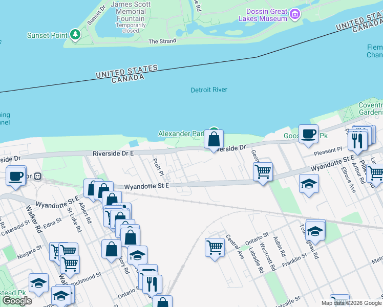 map of restaurants, bars, coffee shops, grocery stores, and more near 3601 Riverside Drive East in Windsor