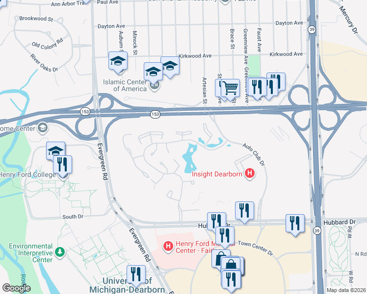 map of restaurants, bars, coffee shops, grocery stores, and more near 5521 Fairlane Woods Drive in Dearborn