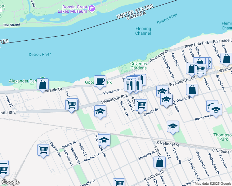 map of restaurants, bars, coffee shops, grocery stores, and more near 4495 Pleasant Place in Windsor