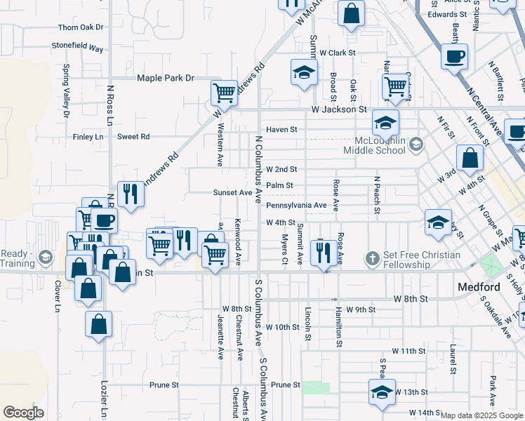 map of restaurants, bars, coffee shops, grocery stores, and more near 204 North Columbus Avenue in Medford
