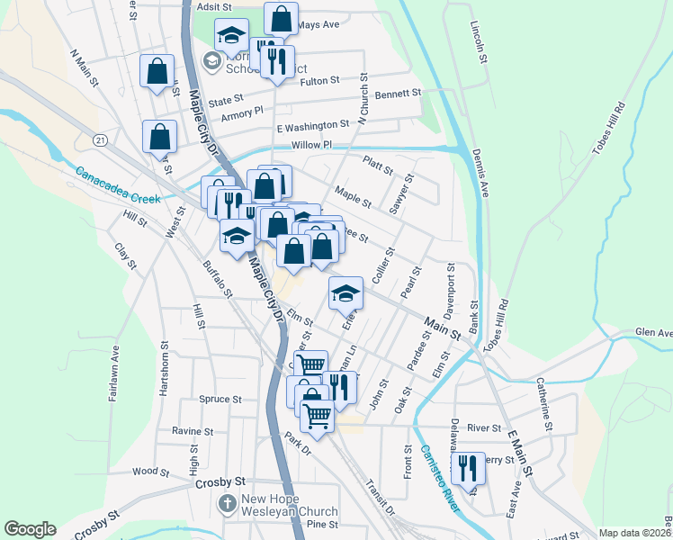 map of restaurants, bars, coffee shops, grocery stores, and more near 204 Main Street in Hornell