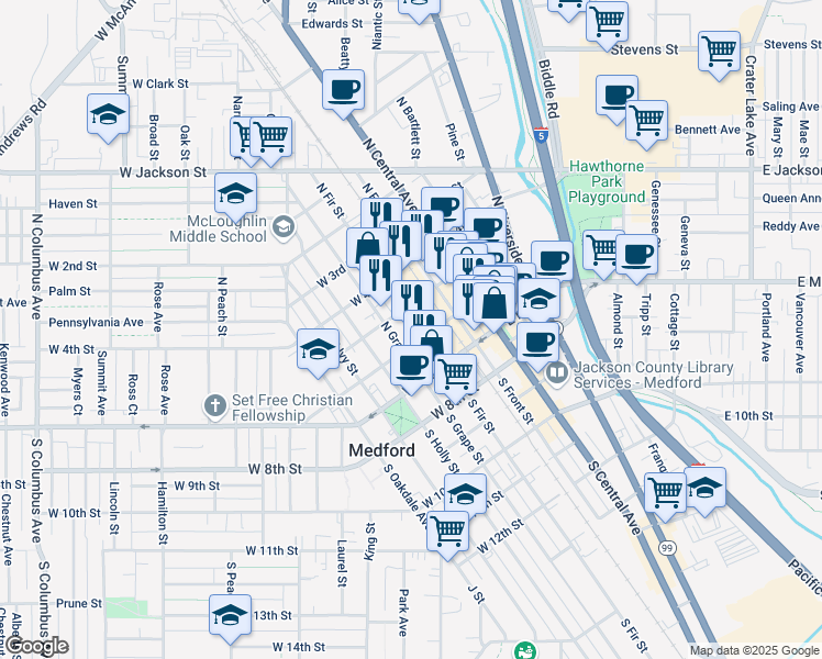 map of restaurants, bars, coffee shops, grocery stores, and more near in Medford