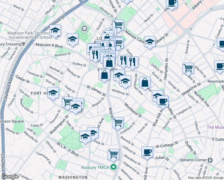 map of restaurants, bars, coffee shops, grocery stores, and more near 115 Warren Street in Boston