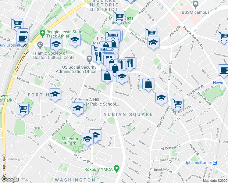 map of restaurants, bars, coffee shops, grocery stores, and more near 115 Warren Street in Boston