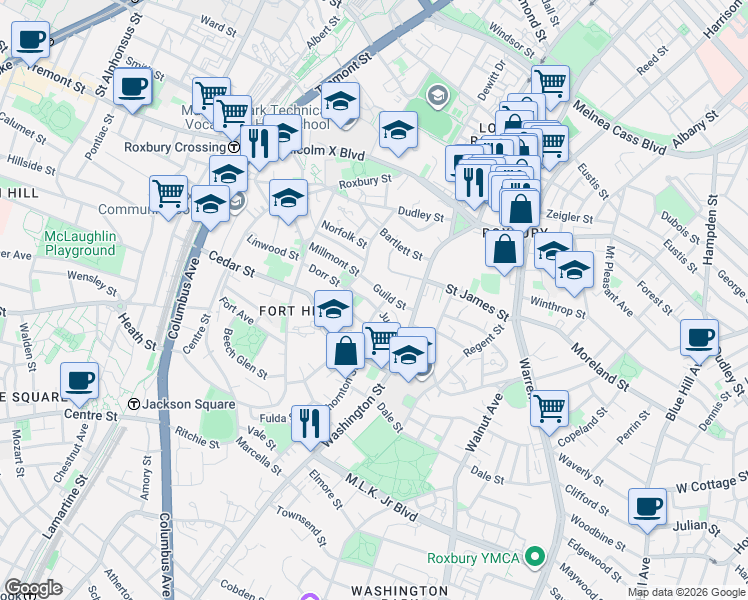 map of restaurants, bars, coffee shops, grocery stores, and more near 51-99 Guild Street in Boston