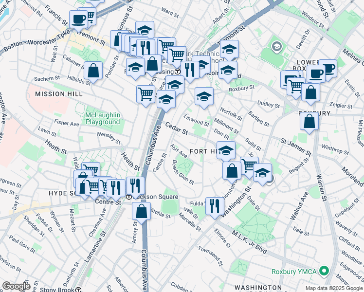 map of restaurants, bars, coffee shops, grocery stores, and more near 8 Highland Park Avenue in Boston