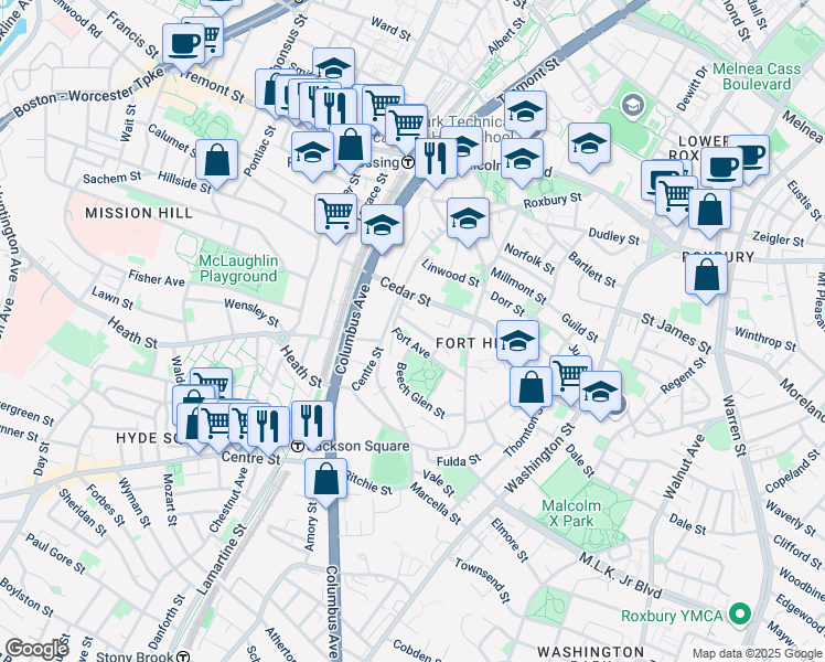 map of restaurants, bars, coffee shops, grocery stores, and more near 8 Highland Park Avenue in Boston