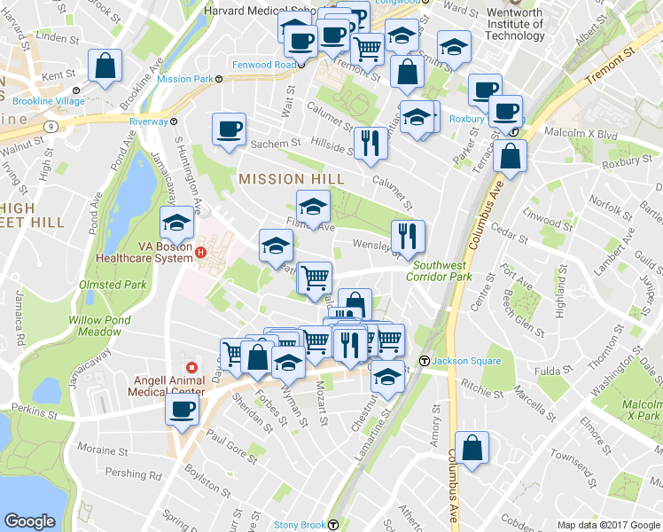 map of restaurants, bars, coffee shops, grocery stores, and more near 6 Bucknam Street in Boston