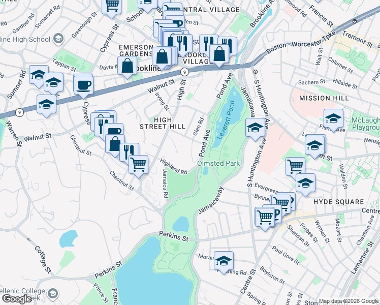 map of restaurants, bars, coffee shops, grocery stores, and more near 26 Edgehill Road in Brookline