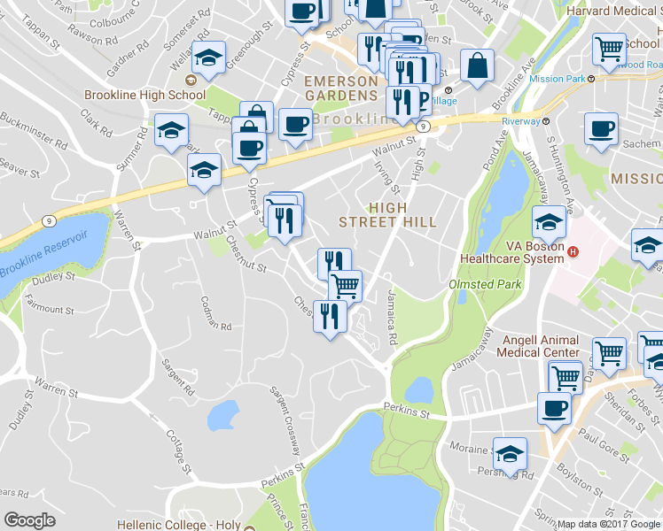 map of restaurants, bars, coffee shops, grocery stores, and more near 23 Roberts Street in Brookline
