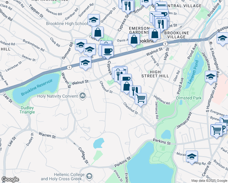 map of restaurants, bars, coffee shops, grocery stores, and more near 25 Prince Street in Brookline