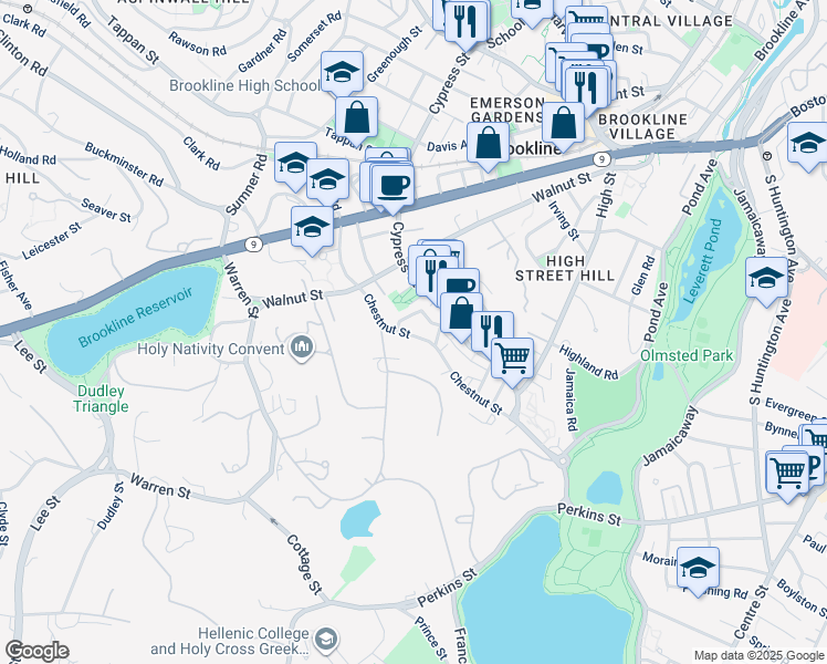 map of restaurants, bars, coffee shops, grocery stores, and more near 25 Prince Street in Brookline