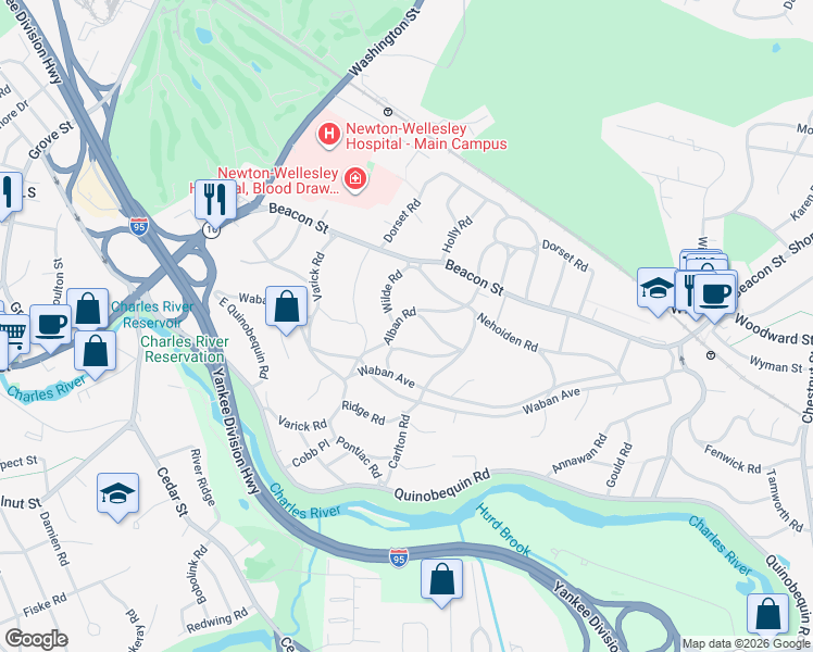 map of restaurants, bars, coffee shops, grocery stores, and more near 55 Alban Road in Newton