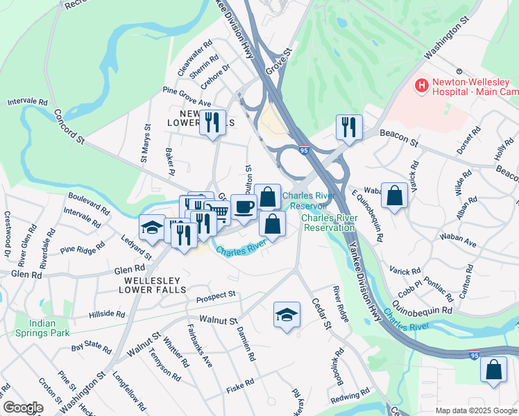 map of restaurants, bars, coffee shops, grocery stores, and more near 11 Gail Road in Newton