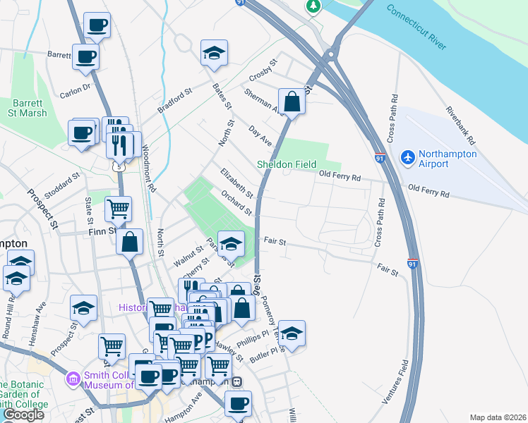 map of restaurants, bars, coffee shops, grocery stores, and more near 212 Bridge Street in Northampton