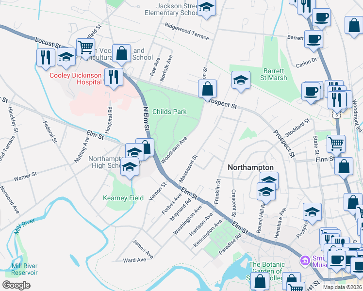 map of restaurants, bars, coffee shops, grocery stores, and more near 43 Woodlawn Avenue in Northampton