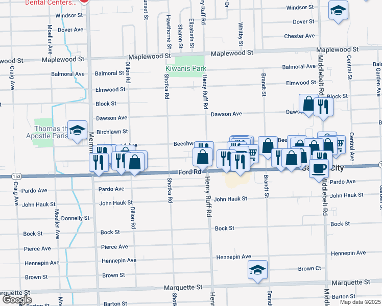 map of restaurants, bars, coffee shops, grocery stores, and more near 30445 Beechwood Avenue in Garden City
