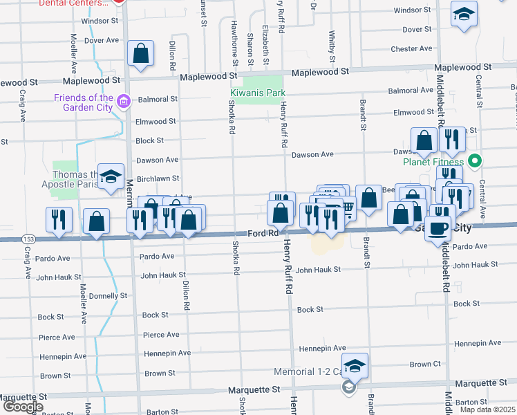 map of restaurants, bars, coffee shops, grocery stores, and more near 30621 Beechwood Avenue in Garden City