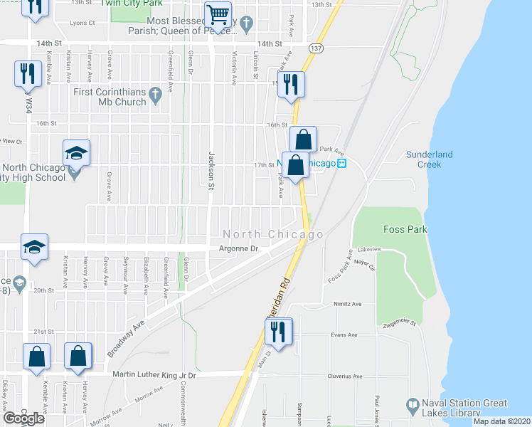 map of restaurants, bars, coffee shops, grocery stores, and more near 810 18th Street in North Chicago