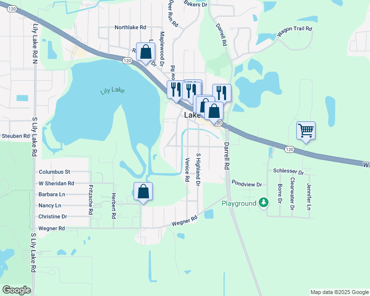 map of restaurants, bars, coffee shops, grocery stores, and more near 208 Venice Road in Lakemoor