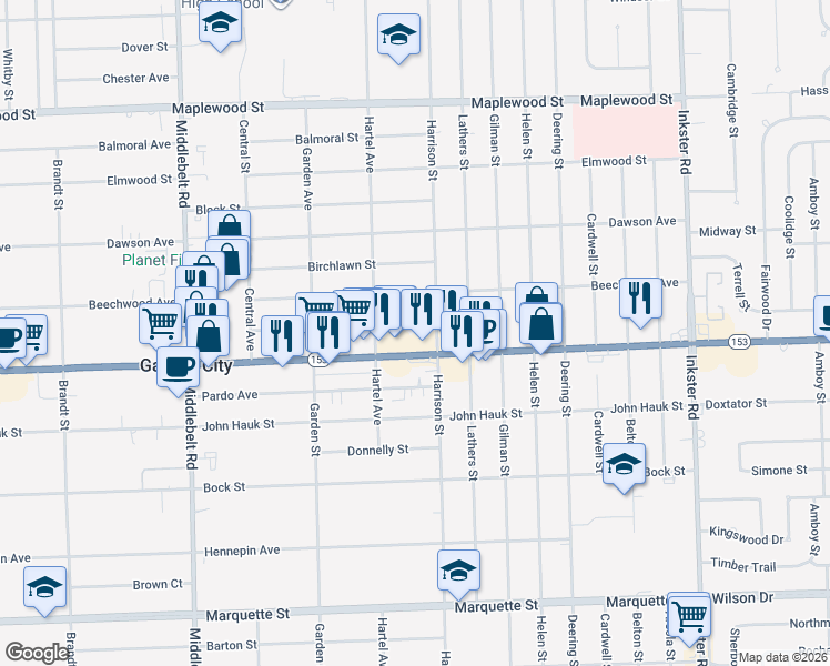 map of restaurants, bars, coffee shops, grocery stores, and more near 28436 Krauter Street in Garden City