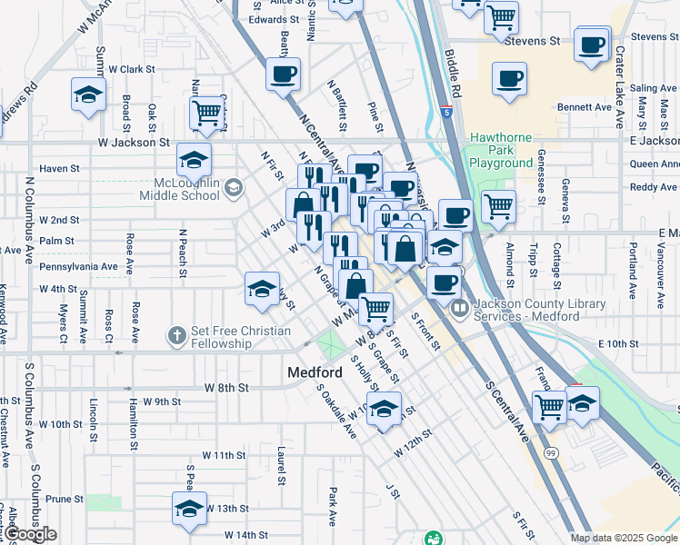 map of restaurants, bars, coffee shops, grocery stores, and more near 161 North Fir Street in Medford